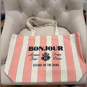 Sezane Pink and Cream Striped Tote Bag